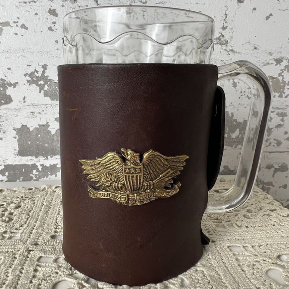 Vtg Noymer Beer Mugs Leather Covers Snap On EPluribus Unum America Eagle Barware - Picture 11 of 16